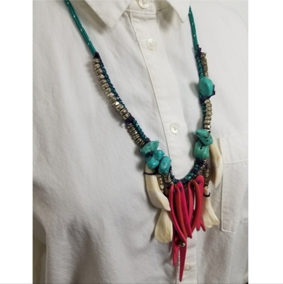 Handmade Tribal Turquoise Wood Silver Bead Bone Artisinal Necklace OOAK - Picture 4 of 14